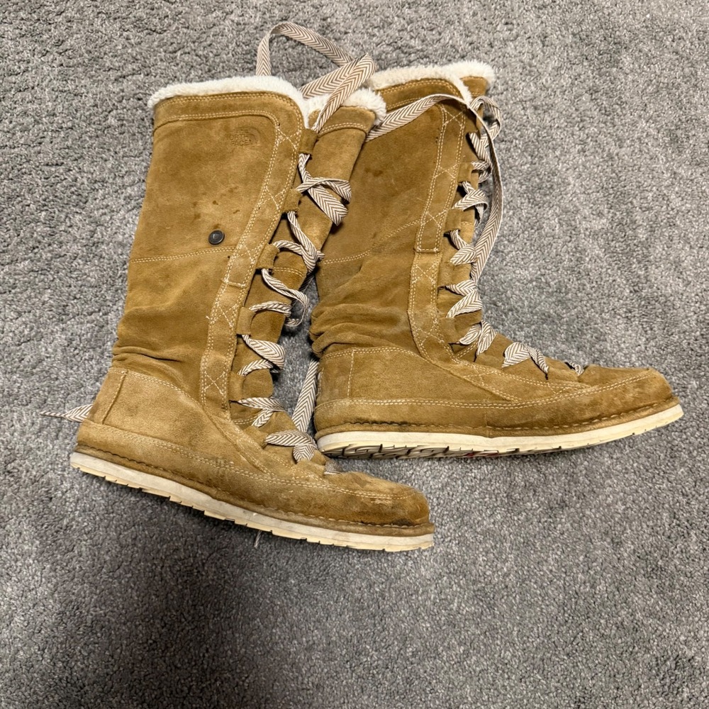 The North Face Heatseeker Winter‎ Boots Women Size 8 Tan Suede Lace Up Fur Lined
